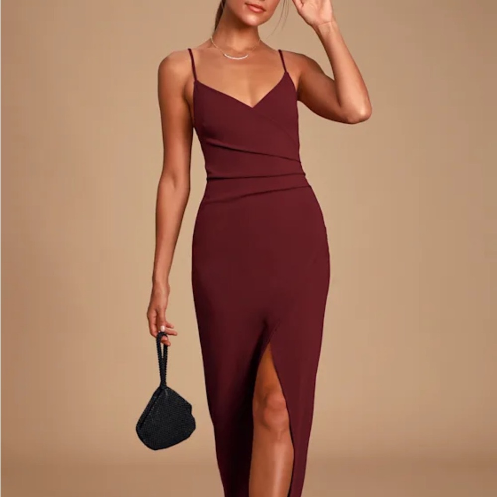 Lulu's Sweetest Admirer Burgundy Ruched Surplice Maxi Dress - Size: S